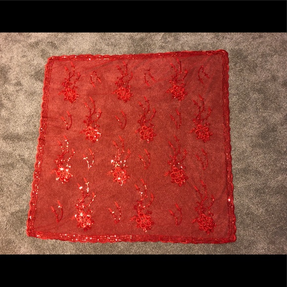 Embroidered Embellished Sequins  Paillettes Scarf Shawl 40,5 x40,5 Chic red mesh - Picture 3 of 13